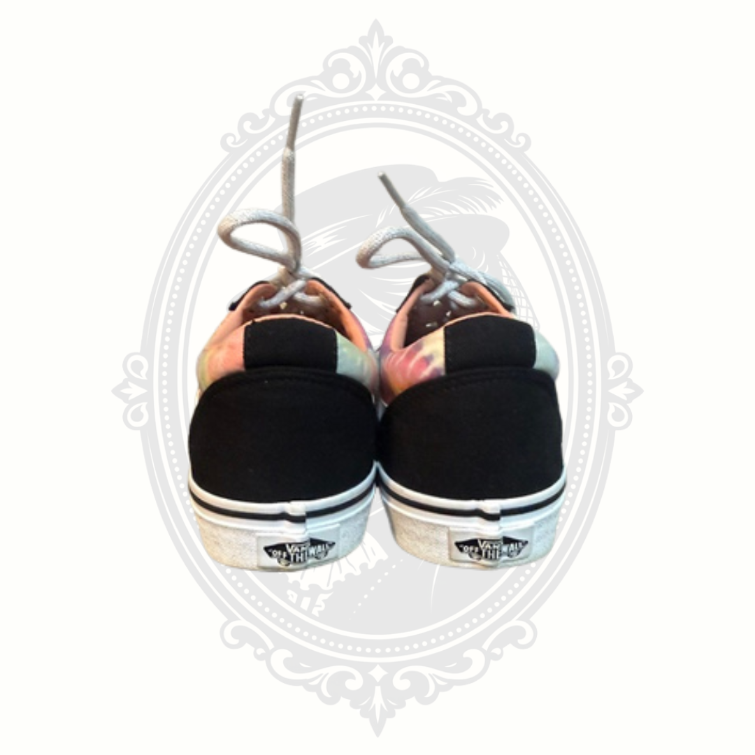 Rear view of VANS tie dye low top sneakers with black heel panels and white midsoles.