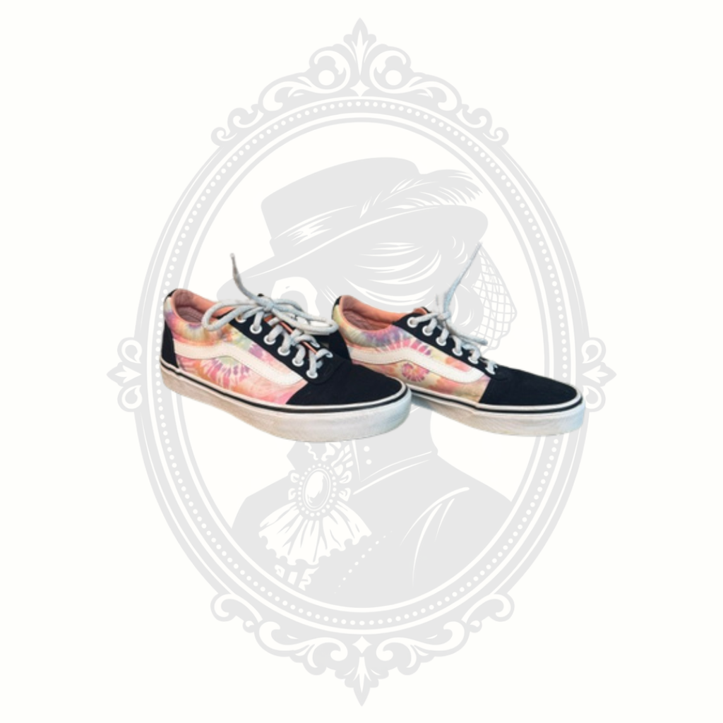 Side front view of VANS pastel tie dye sneakers in women’s size 7.5.