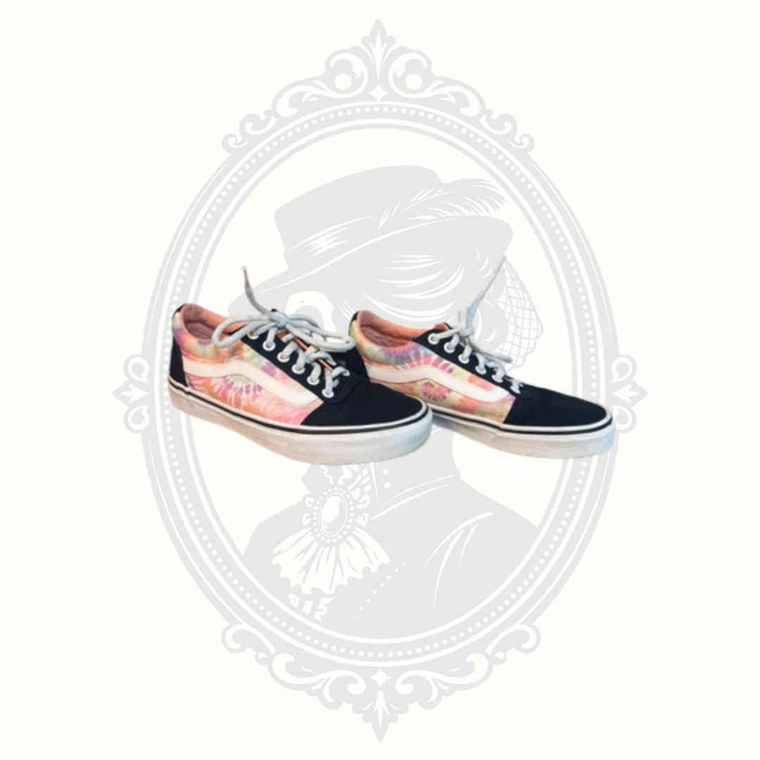Side front view of VANS pastel tie dye sneakers in women’s size 7.5.