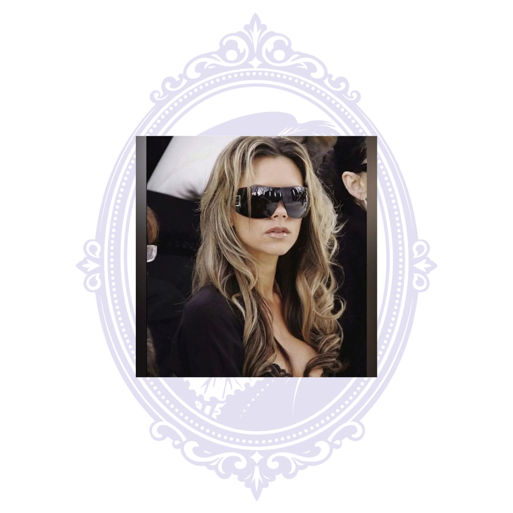 Victoria Beckham wearing oversized Chanel 5086 brown shield sunglasses