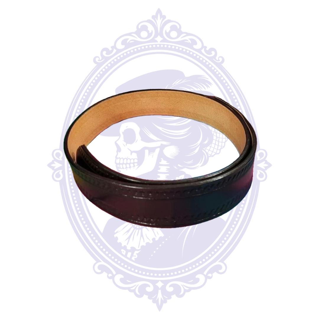 Coiled black leather belt showing dark smooth center with braided border detailing and natural tan leather underside.