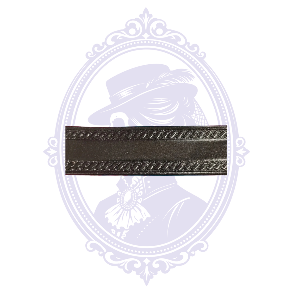 Close-up of black genuine leather belt with smooth center panel and decorative embossed braided-rope borders along both edges.