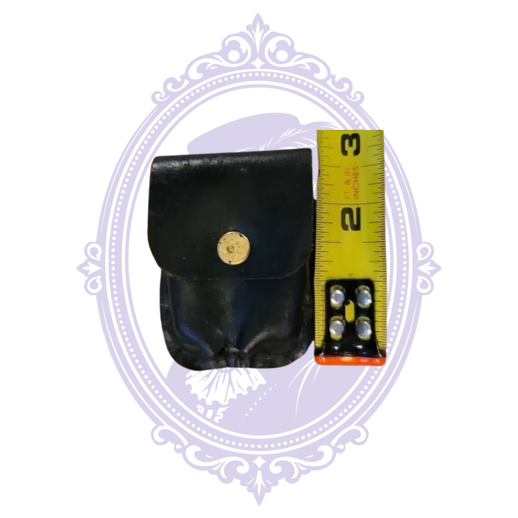 Front view of plain black leather mini pouch with brass-tone snap