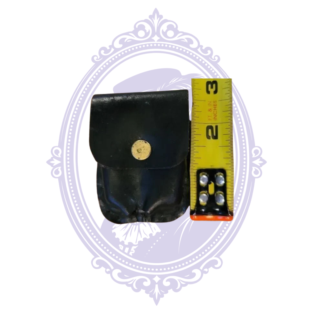 Front view of plain black leather mini pouch with brass-tone snap