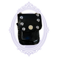 Front of black leather mini pouch with silver-tone studs