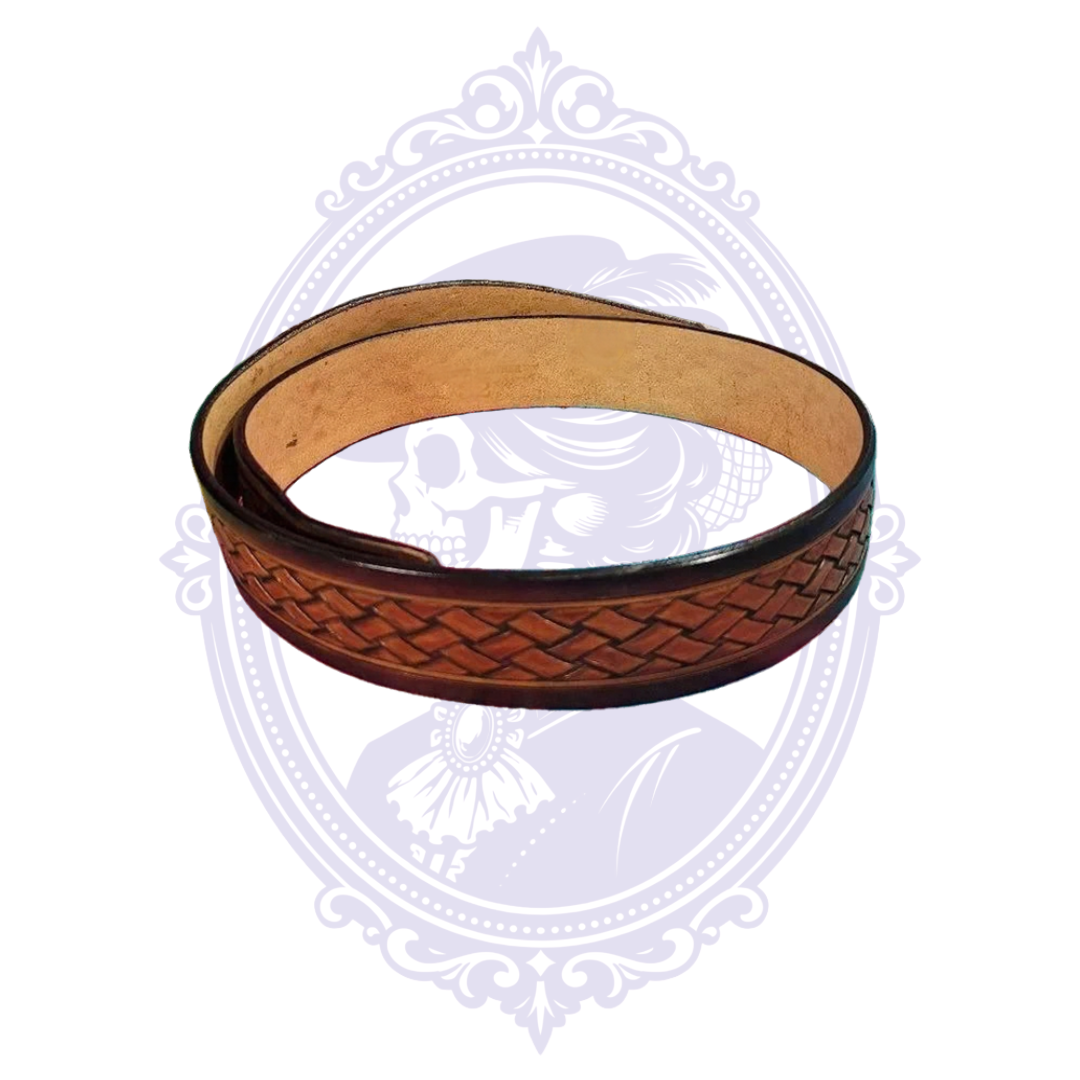 Coiled vintage brown genuine leather belt with embossed basket-weave pattern, dark brown edges, and natural tan leather underside.