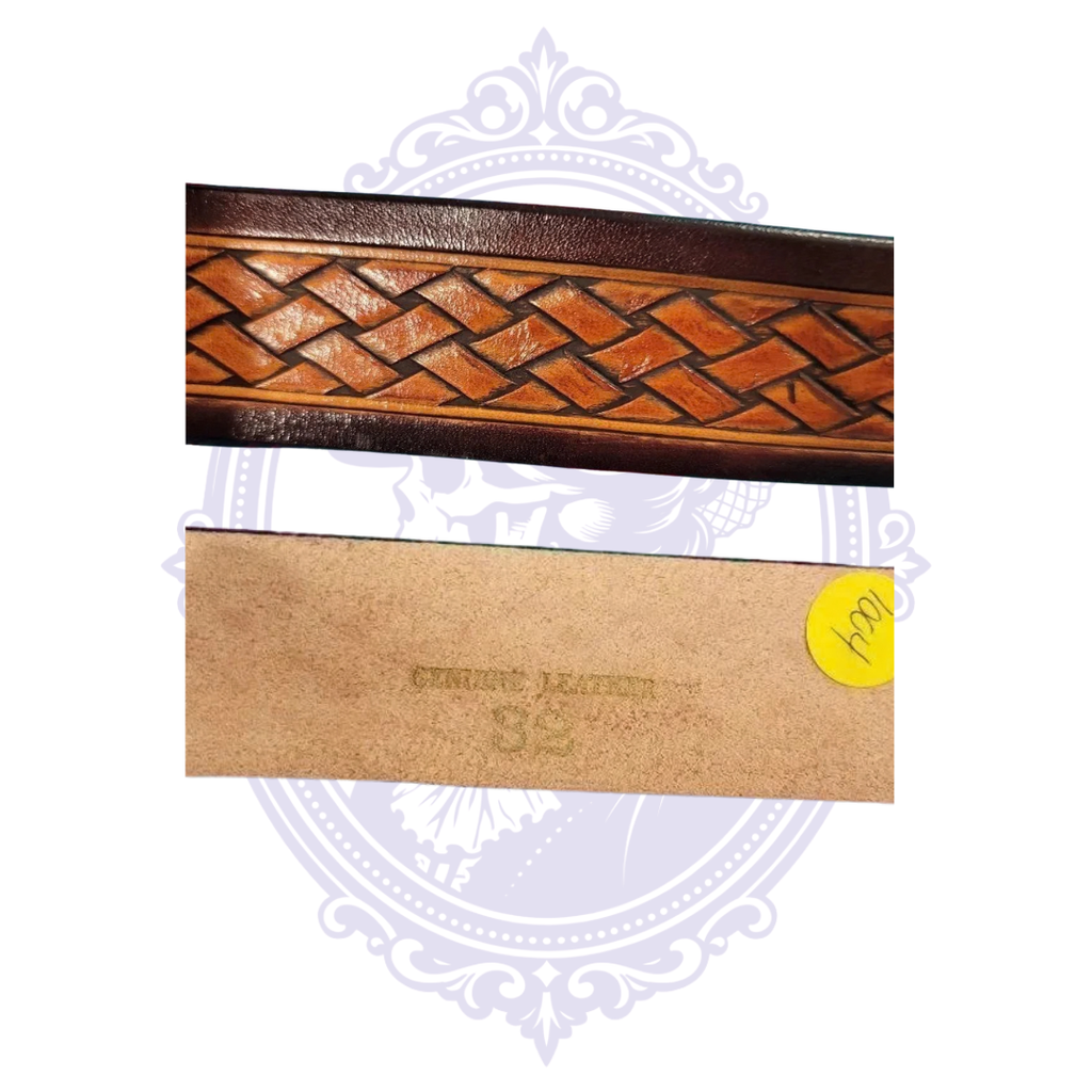 Close-up of brown basket-weave tooling on vintage leather belt, with a second view of the tan suede-like reverse and original yellow style-number sticker.