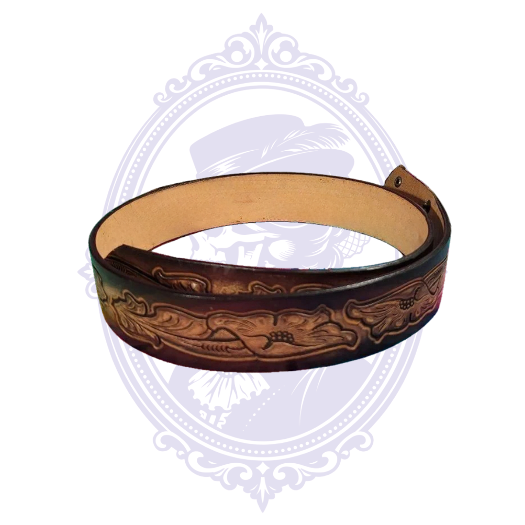Coiled brown genuine leather belt with raised floral tooling, scrolling leaves, darker edges, and natural tan leather backing.