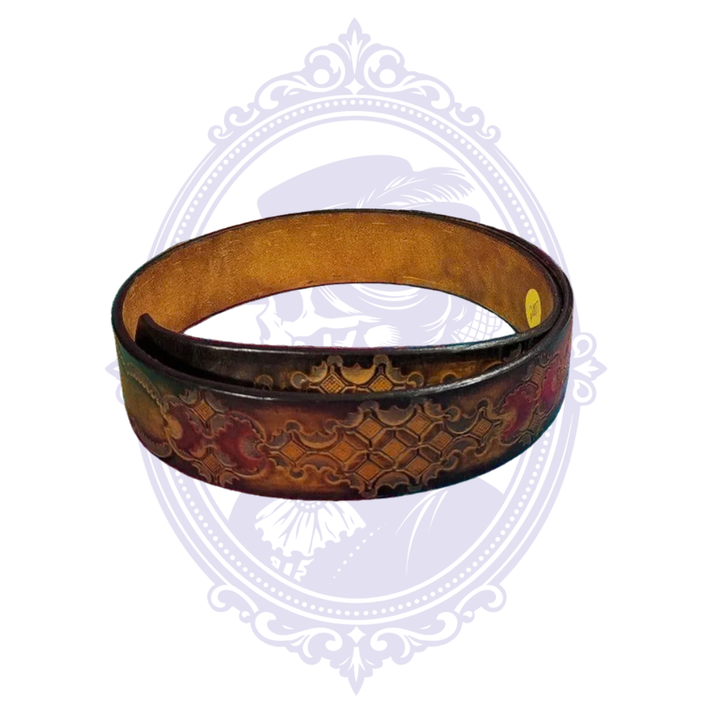 Vintage brown genuine leather belt size 48, coiled to show embossed geometric tooling and red decorative accents.