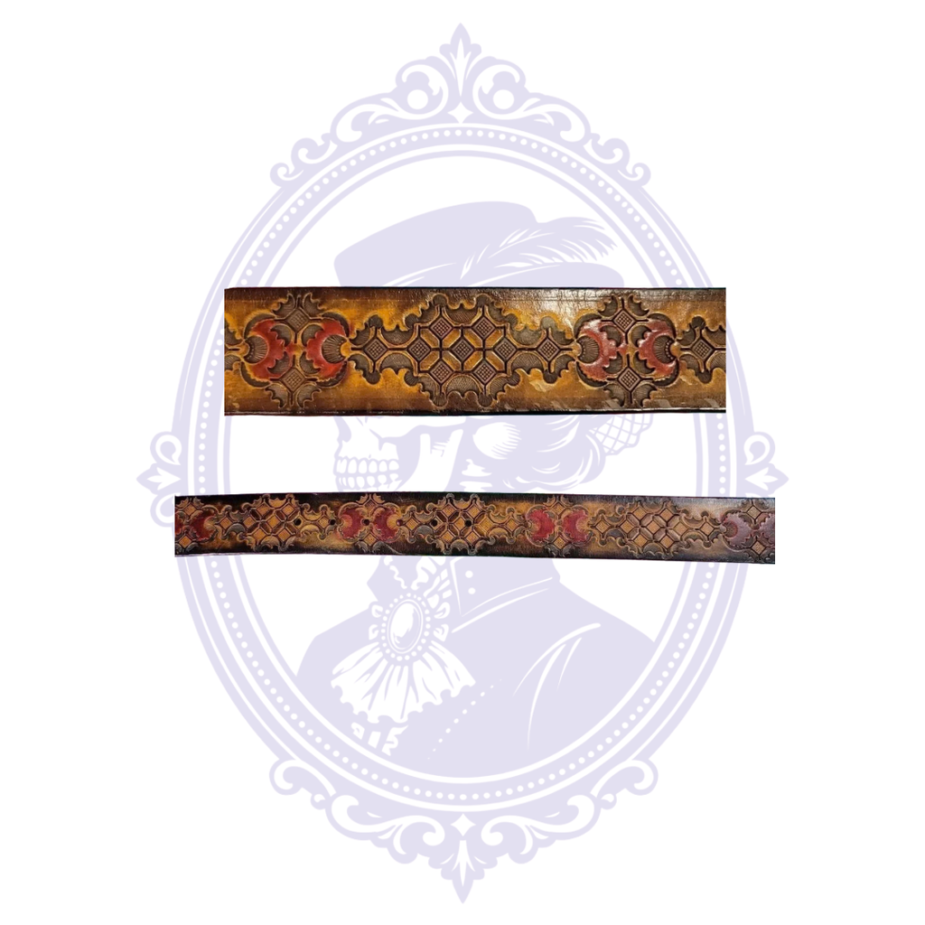 Close-up and extended view of size 48 vintage brown leather belt with red accents and geometric tooled pattern.