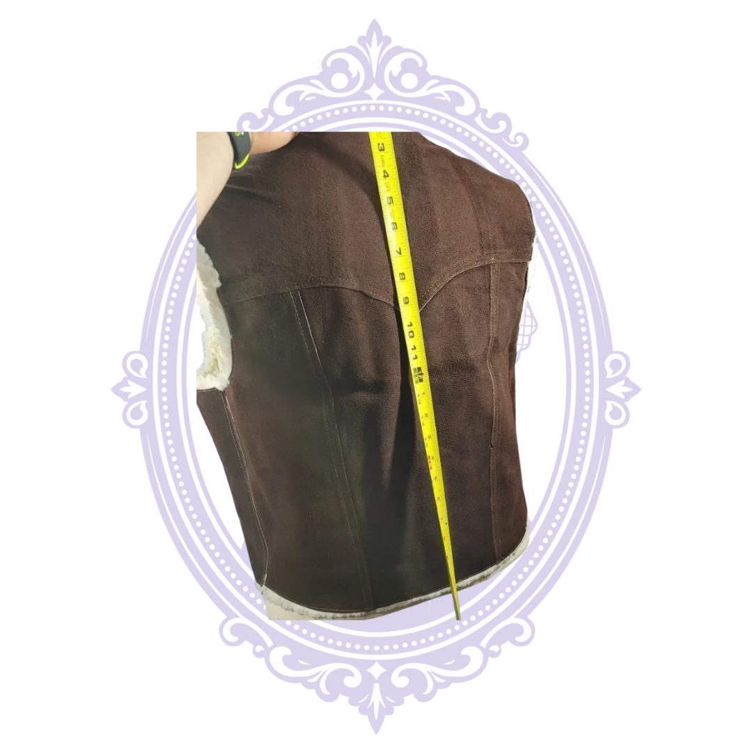 Vintage brown suede sherpa-lined vest size XL, detail and measurement photo 10