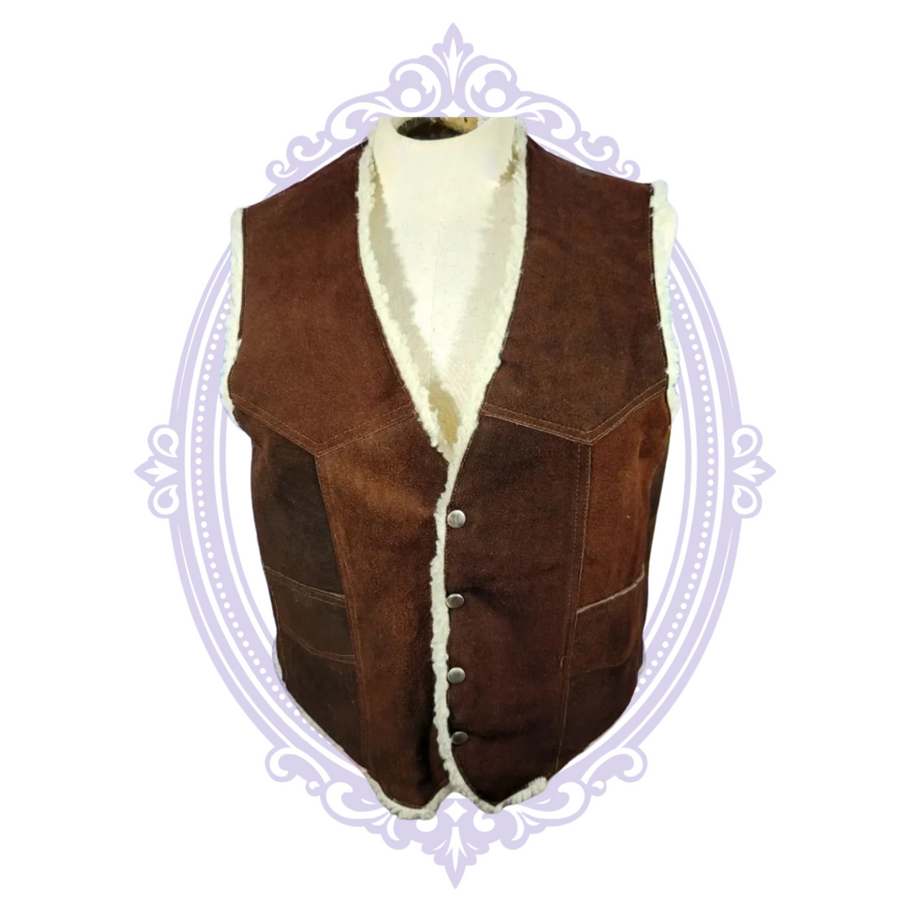Brown suede leather vest with cream sherpa lining