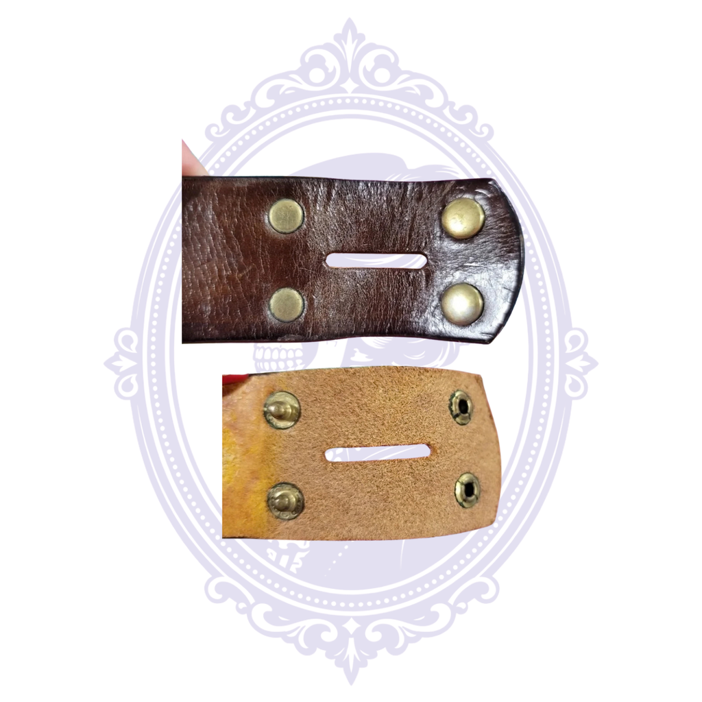 Front and reverse close-ups of the leather belt end with metal snap fasteners and slot for attaching a separate buckle.
