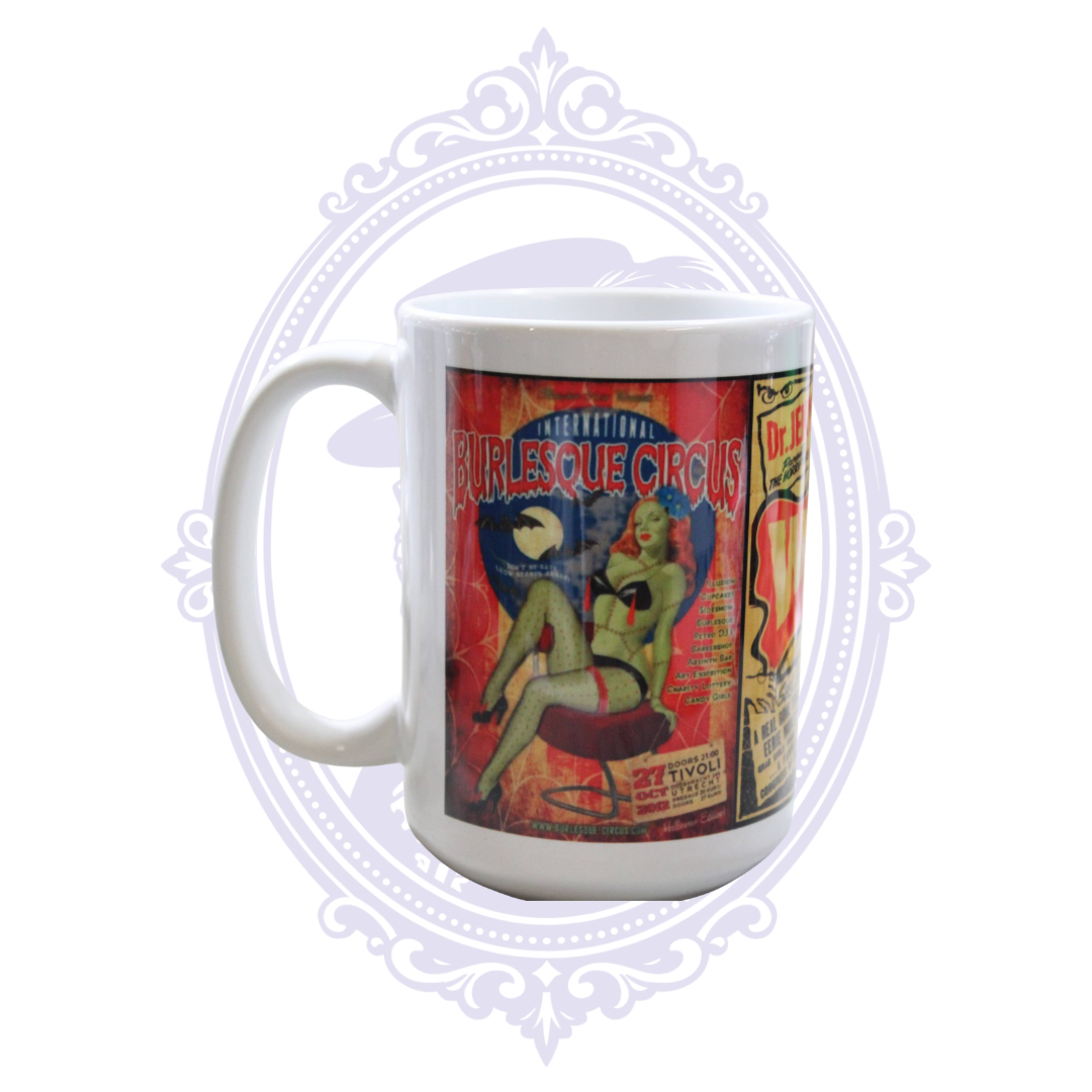 15 oz ceramic mug featuring colorful International Burlesque Circus and retro sideshow poster artwork.