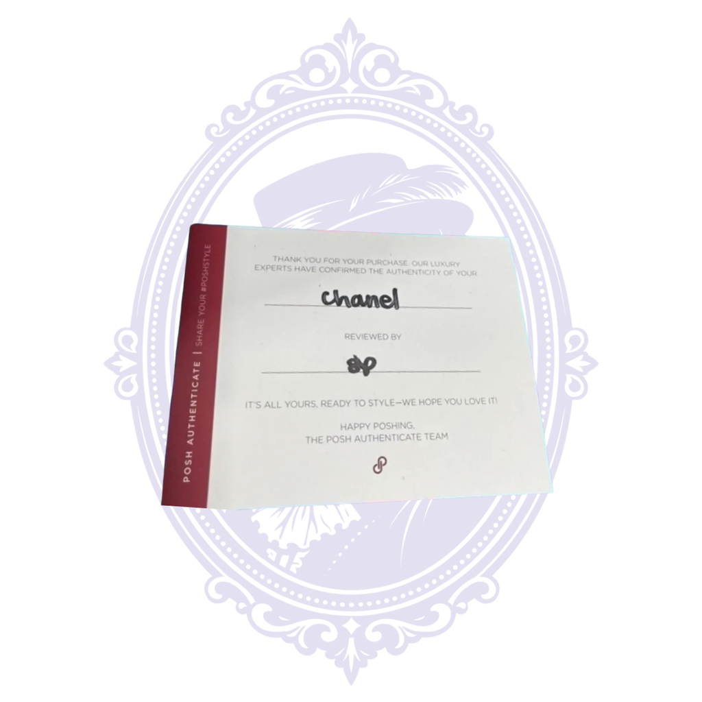 Posh Authenticate card included with the vintage Chanel Triple Coco black patent leather tote.