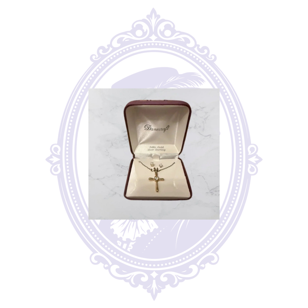 Vintage Danecraft Cross Necklace & Stud Earrings Set – 24K Gold Over Sterling