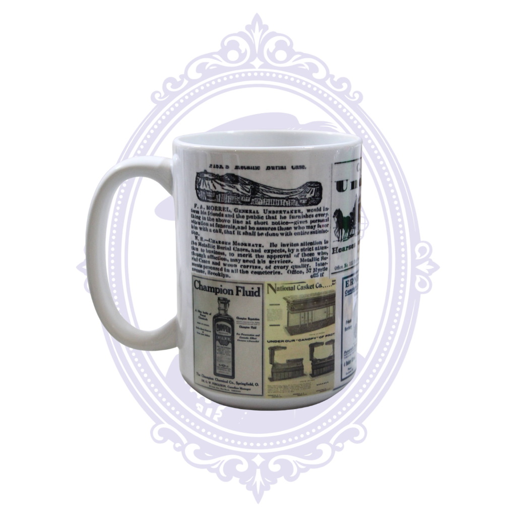 Macabre ceramic mug featuring historic undertaker, embalming, coffin and casket advertisements.