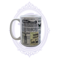 Macabre ceramic mug featuring historic undertaker, embalming, coffin and casket advertisements.