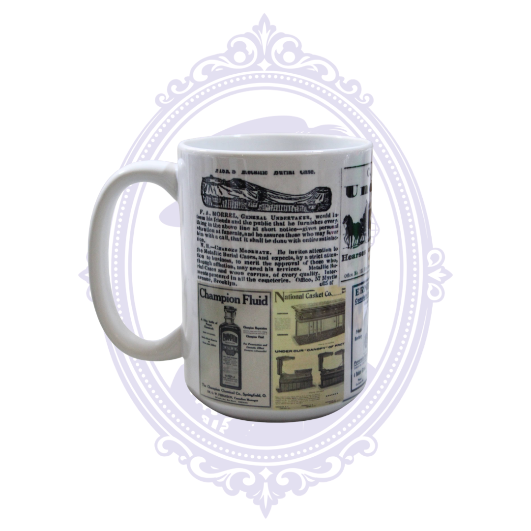 Macabre ceramic mug featuring historic undertaker, embalming, coffin and casket advertisements.