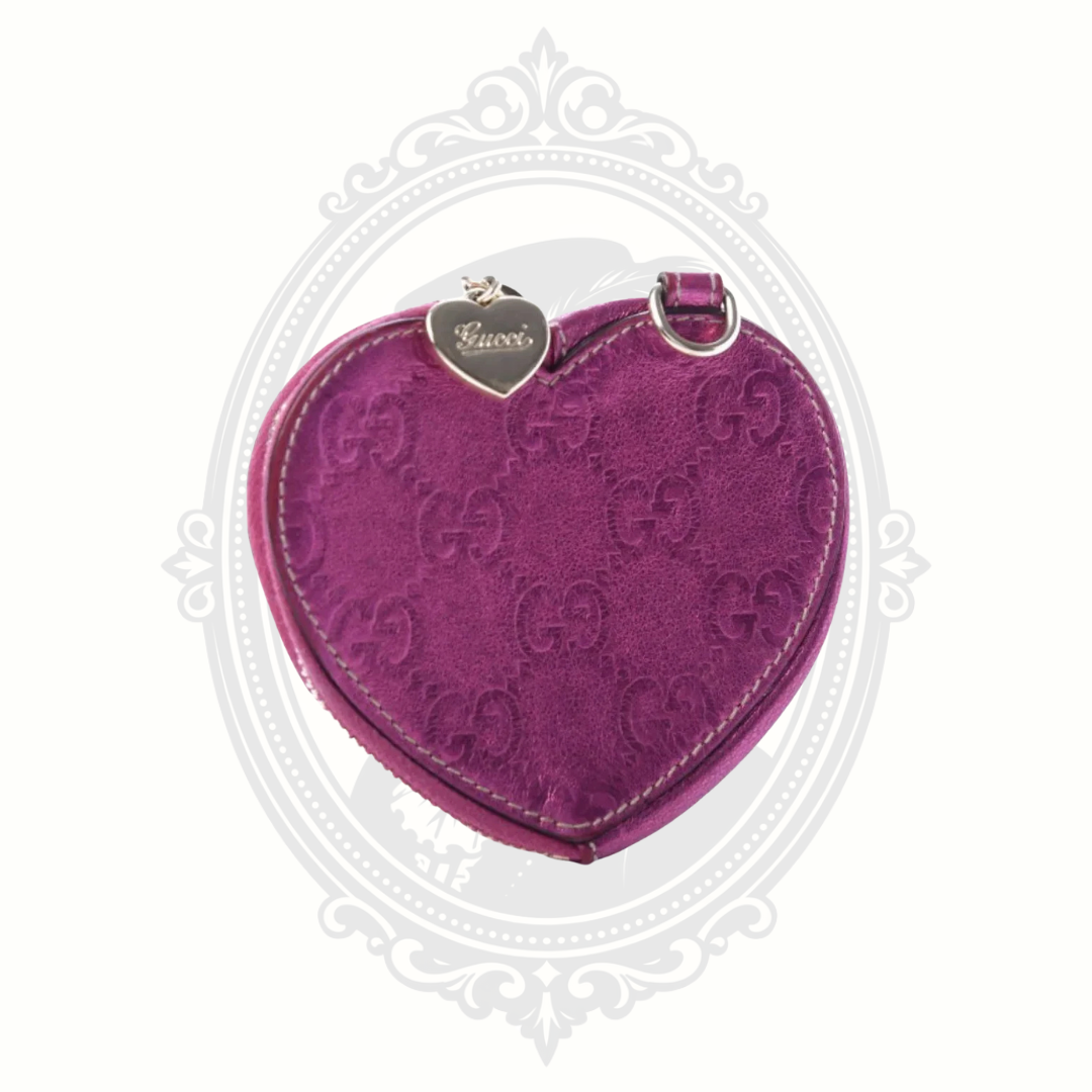 Vintage Gucci Guccissima Heart Coin Purse – Metallic Purple Embossed Leather – GG Monogram Zip Wallet – Made in Italy