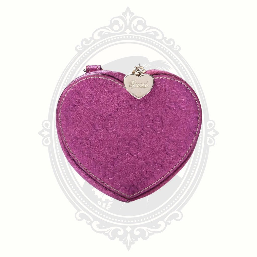 Vintage Gucci Guccissima Heart Coin Purse – Metallic Purple Embossed Leather – GG Monogram Zip Wallet – Made in Italy
