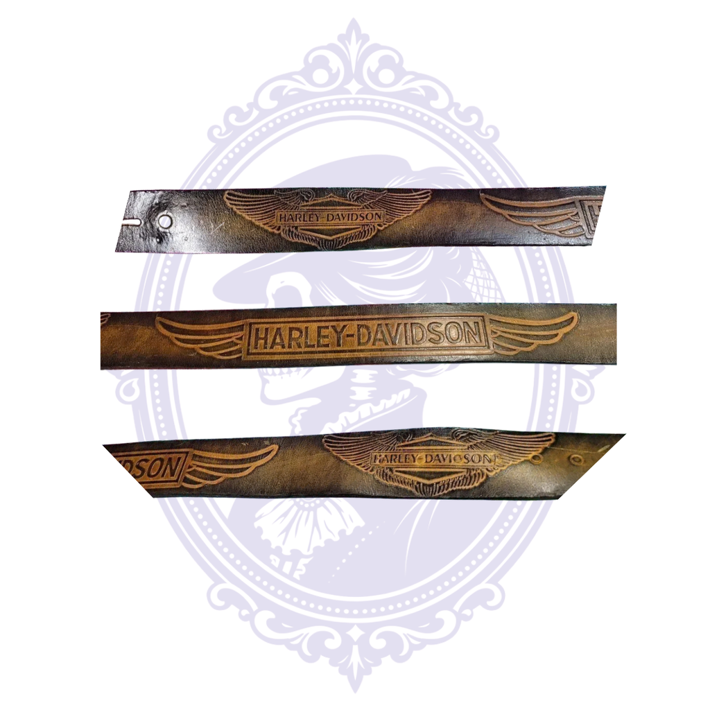 Three close-up views of a vintage brown leather Harley-Davidson belt showing embossed winged logos, lettering and leather texture.
