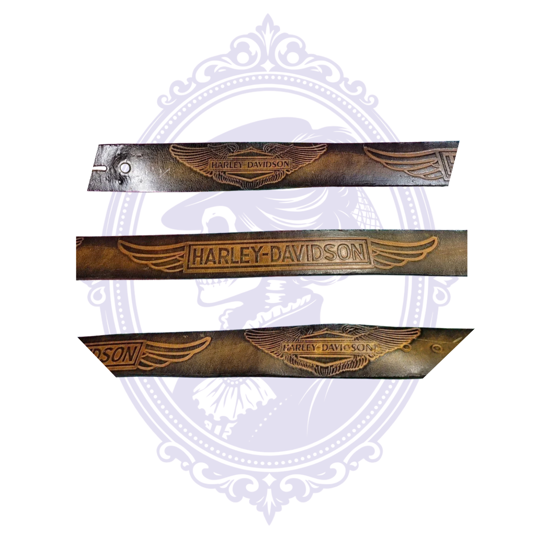 Three close-up views of a vintage brown leather Harley-Davidson belt showing embossed winged logos, lettering and leather texture.