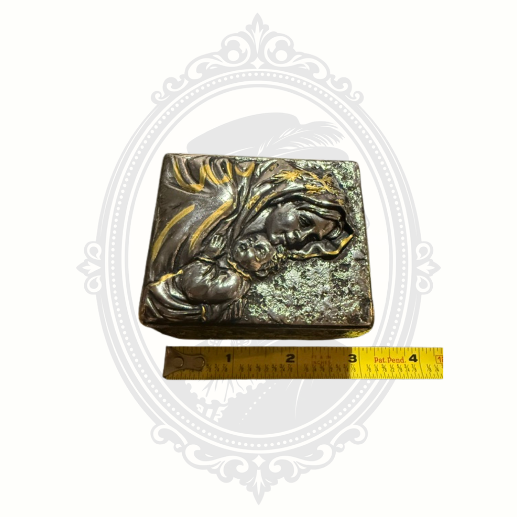 Vintage Madonna & Child Silver Tone Keepsake Trinket Box with Gold Accents – Made in the Philippines