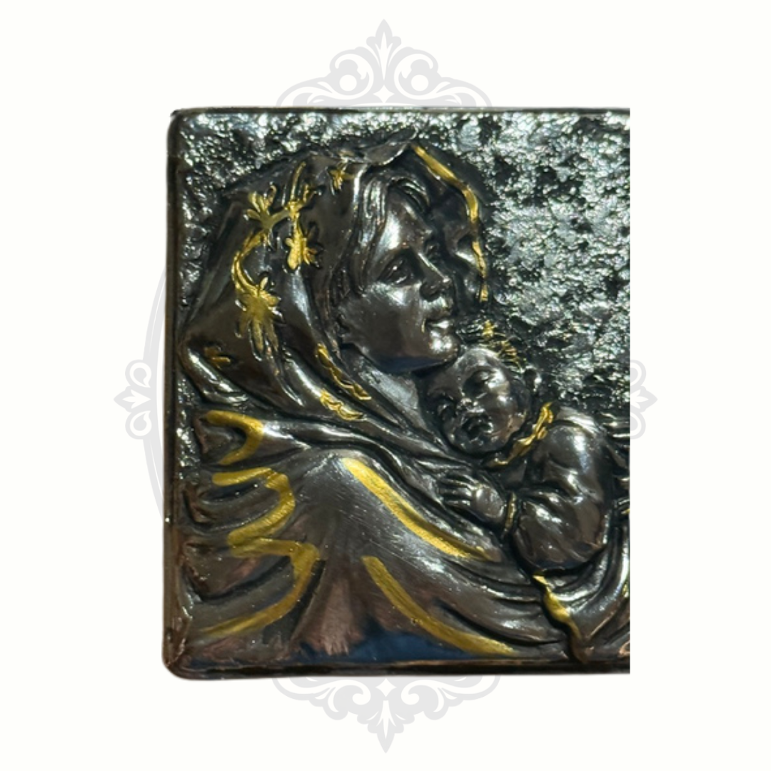 Vintage Madonna & Child Silver Tone Keepsake Trinket Box with Gold Accents – Made in the Philippines
