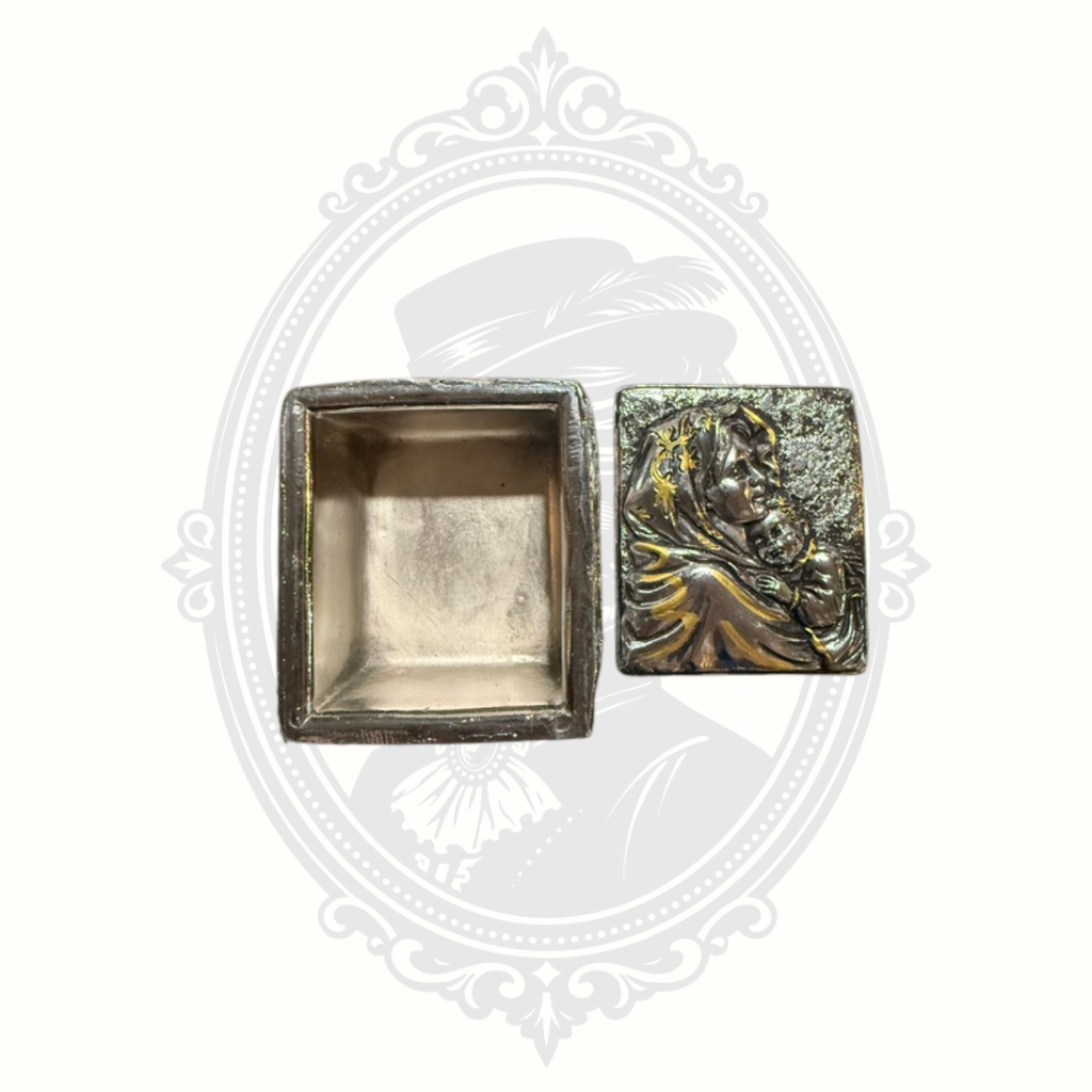 Vintage Madonna & Child Silver Tone Keepsake Trinket Box with Gold Accents – Made in the Philippines
