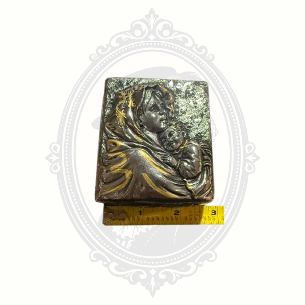 Vintage Madonna & Child Silver Tone Keepsake Trinket Box with Gold Accents – Made in the Philippines