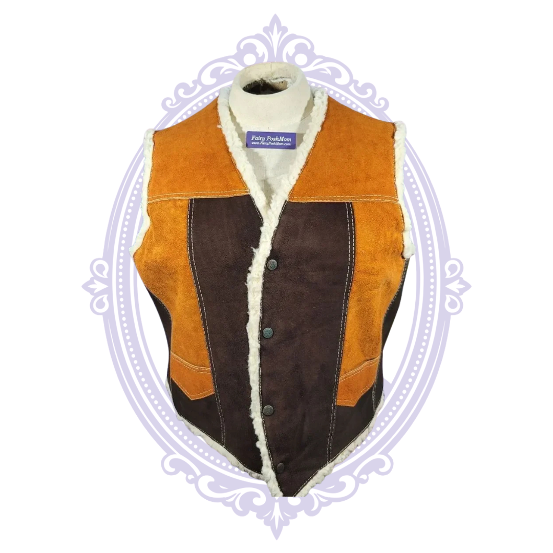 Vintage men's two-tone brown and tan genuine suede leather sherpa-lined vest size 48 - back length measurement