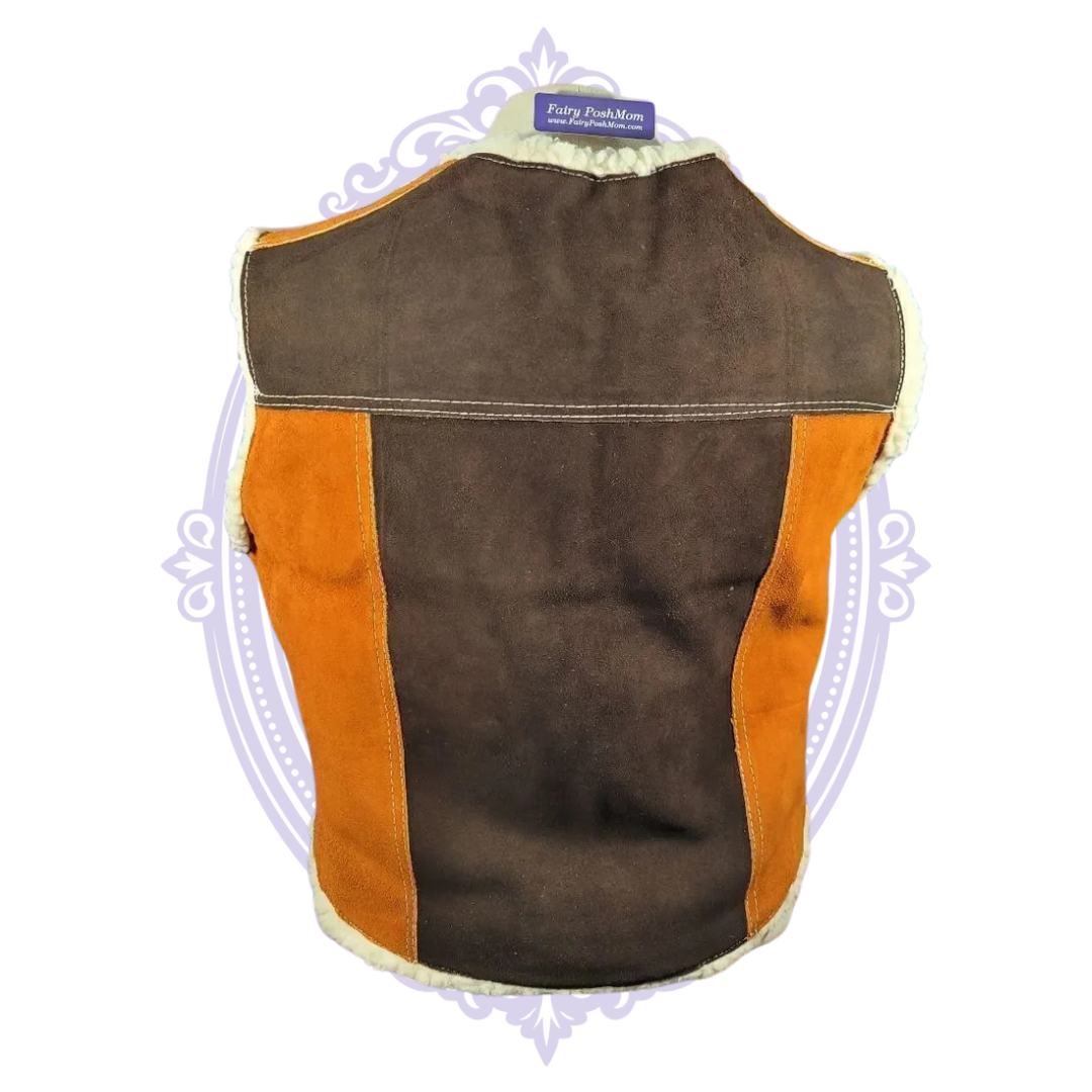 Vintage men's two-tone brown and tan genuine suede leather sherpa-lined vest size 48 - length measurement