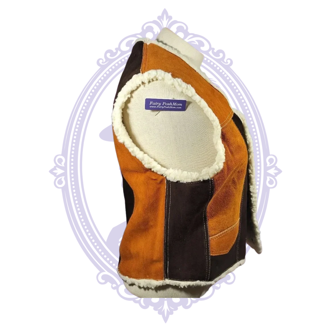 Vintage men's two-tone brown and tan genuine suede leather sherpa-lined vest size 48 - shoulder measurement