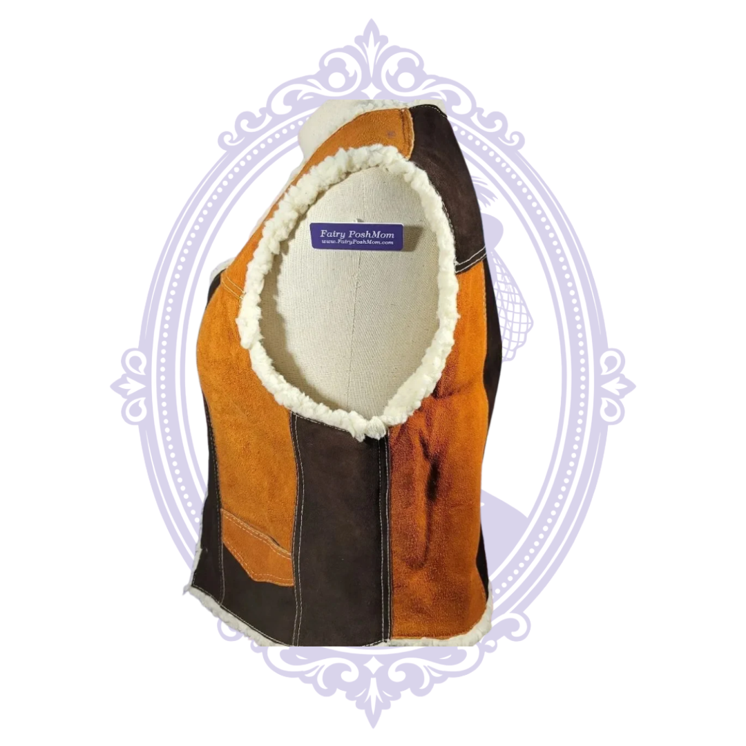 Vintage men's two-tone brown and tan genuine suede leather sherpa-lined vest size 48 - width measurement