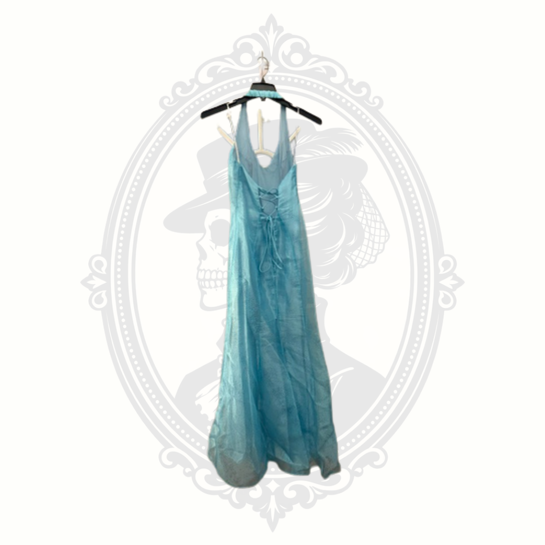 Water Signs Aqua Blue Halter Formal Gown Lace Up Back Prom Dress Size 9/10 USA