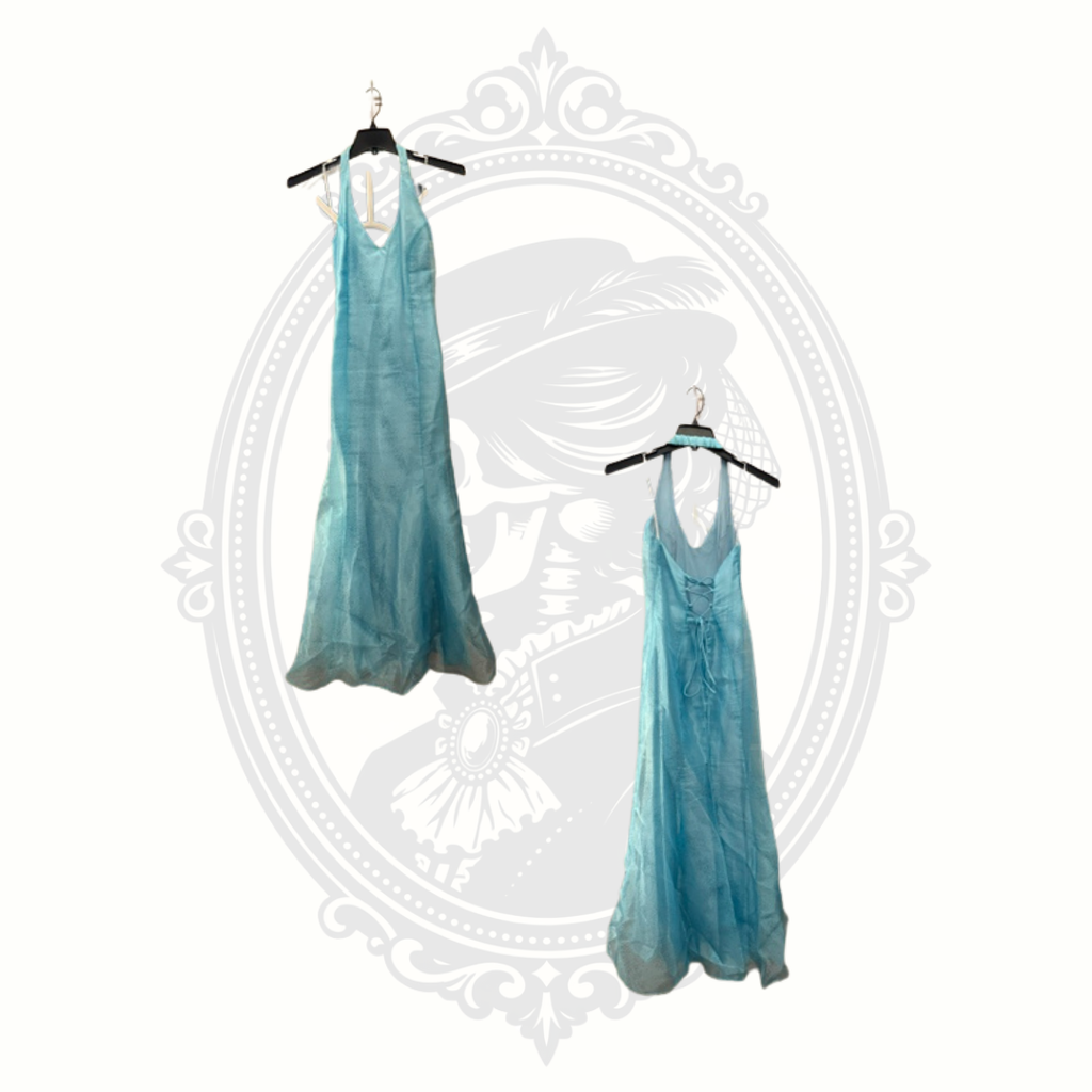 Water Signs Aqua Blue Halter Formal Gown Lace Up Back Prom Dress Size 9/10 USA