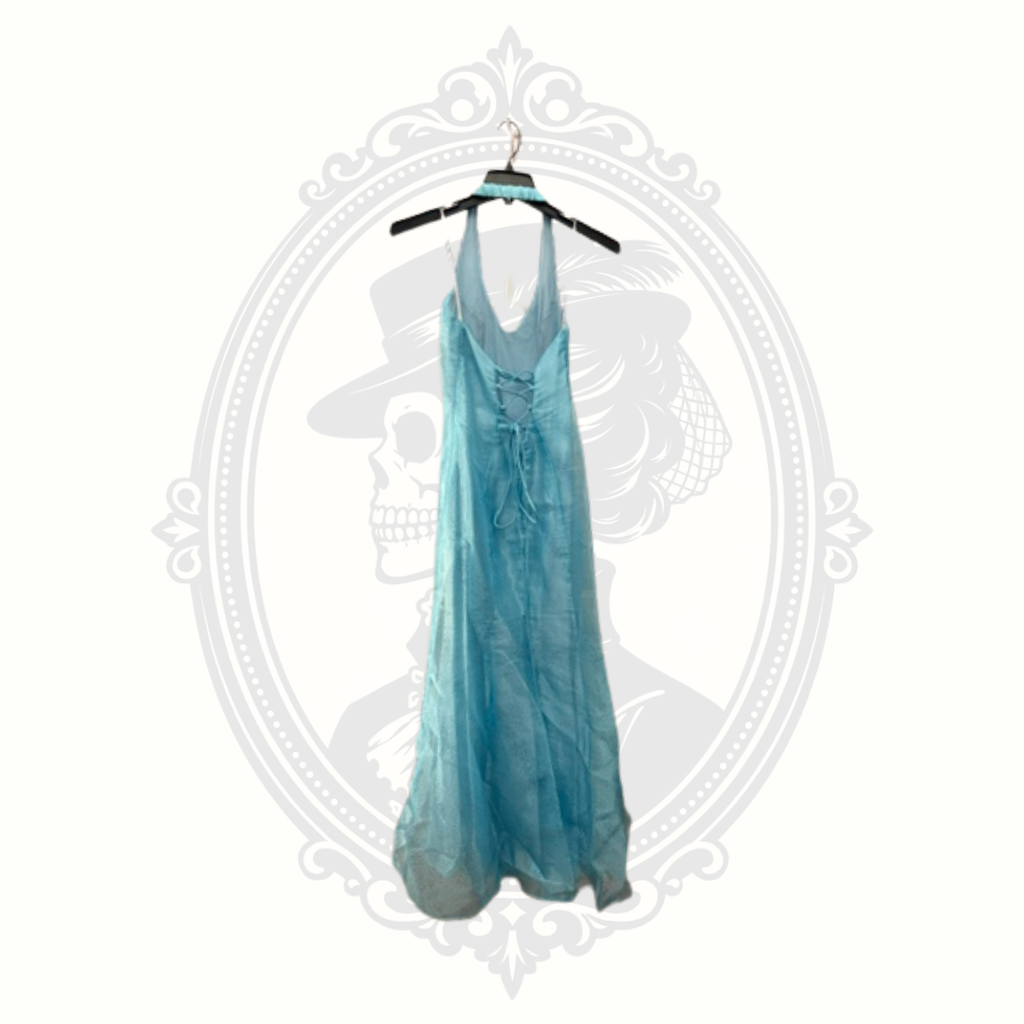 Water Signs Aqua Blue Halter Formal Gown Lace Up Back Prom Dress Size 9/10 USA