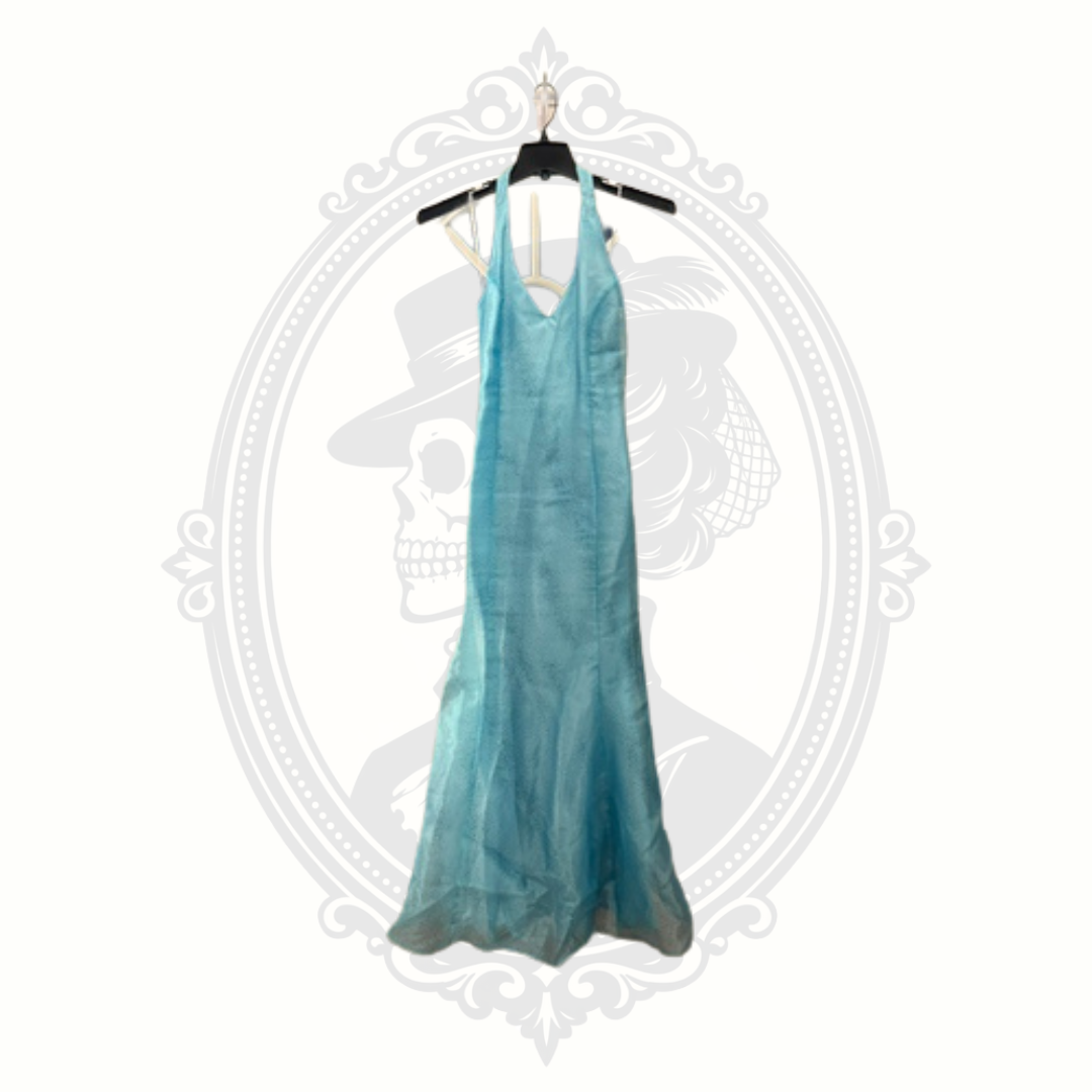 Water Signs Aqua Blue Halter Formal Gown Lace Up Back Prom Dress Size 9/10 USA