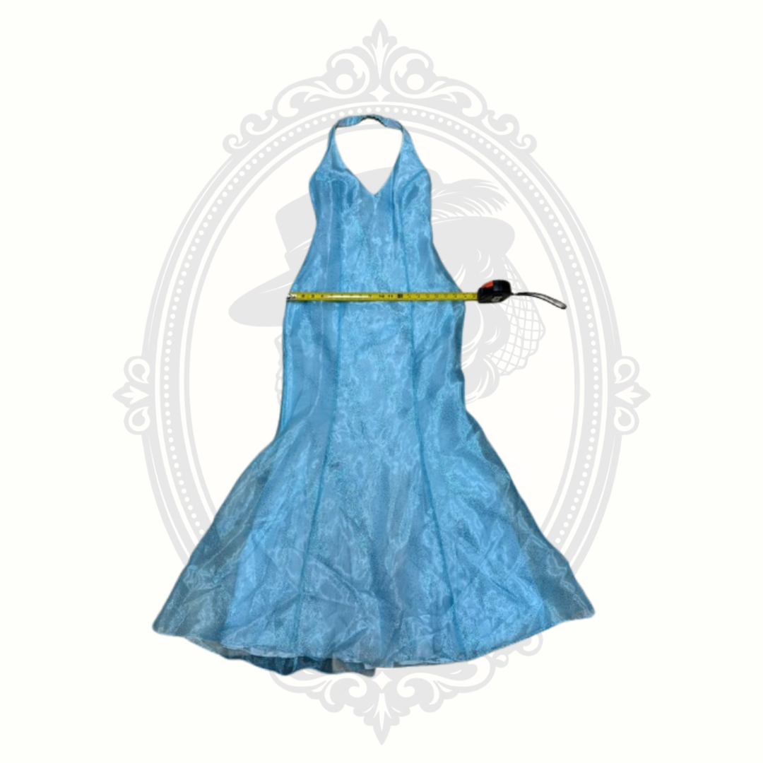 Water Signs Aqua Blue Halter Formal Gown Lace Up Back Prom Dress Size 9/10 USA