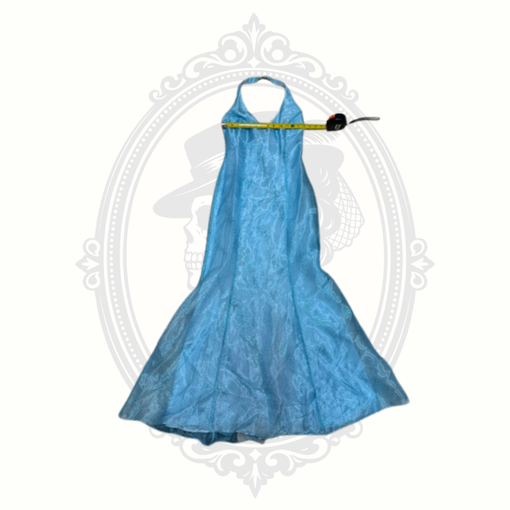 Water Signs Aqua Blue Halter Formal Gown Lace Up Back Prom Dress Size 9/10 USA
