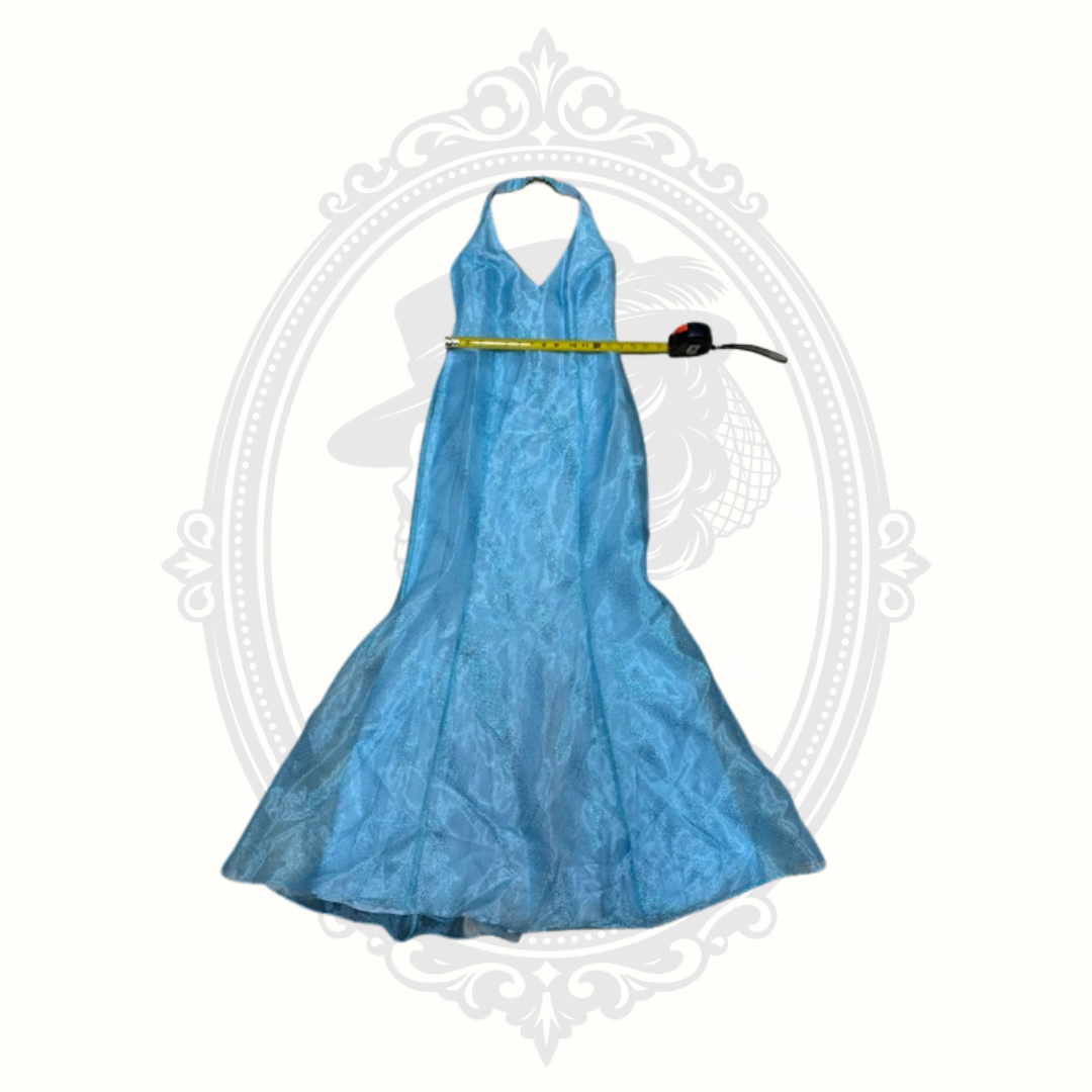 Water Signs Aqua Blue Halter Formal Gown Lace Up Back Prom Dress Size 9/10 USA