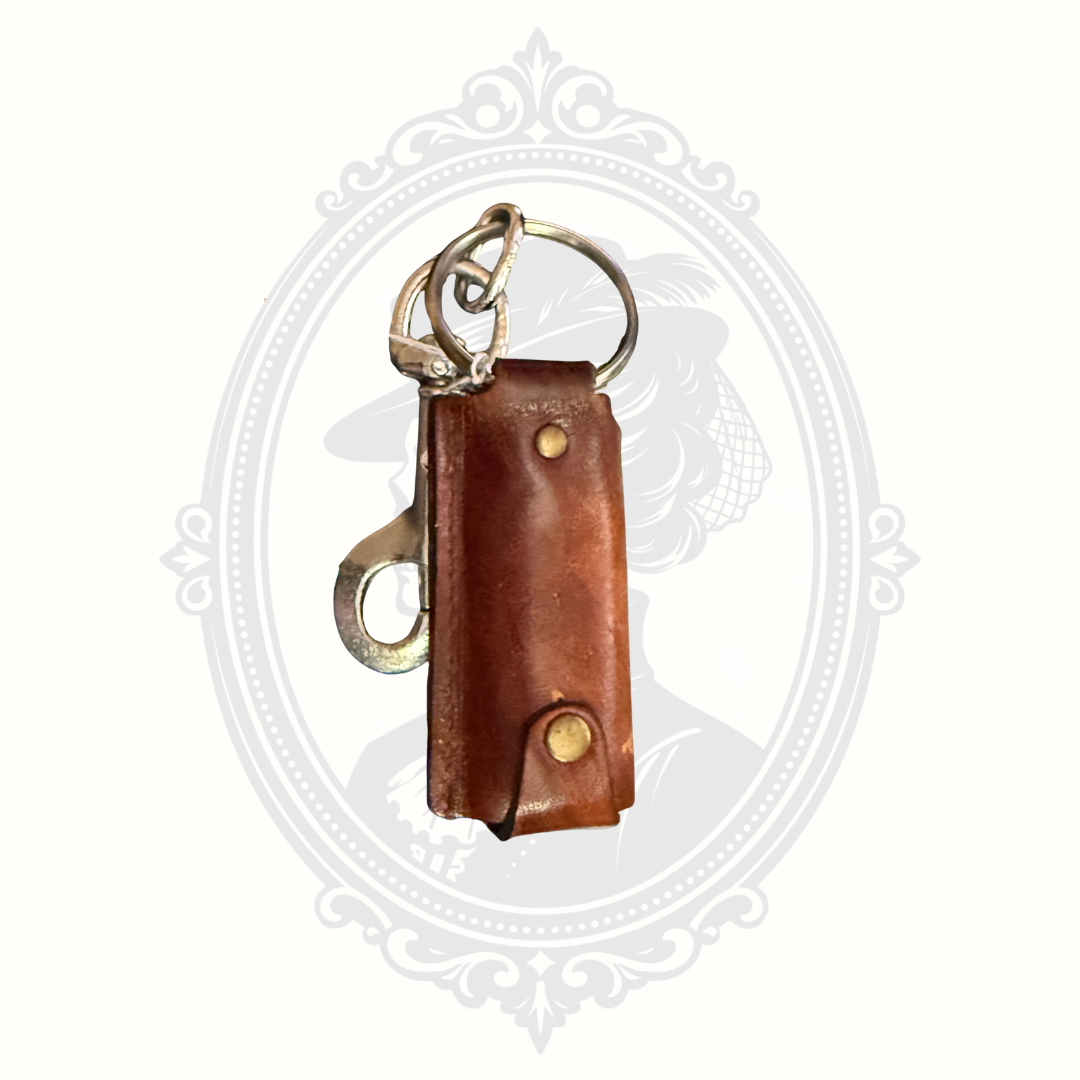 Back of vintage leather lighter holder showing clip and keyring attachment for everyday carry