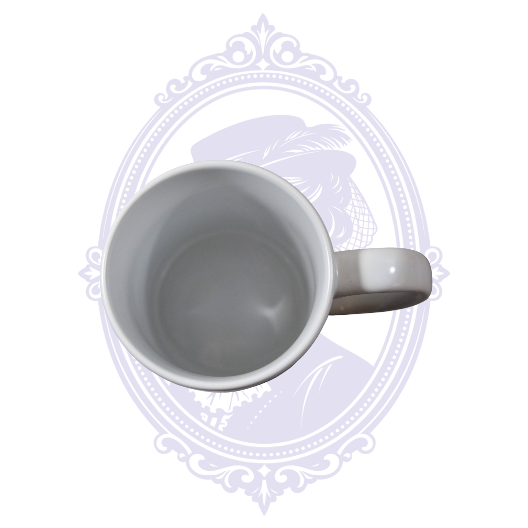 Top view of 15 oz ceramic mug with white interior and handle.