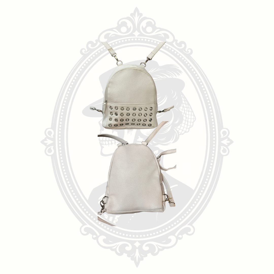 White mini backpack shown from front and back angles highlighting shape and design