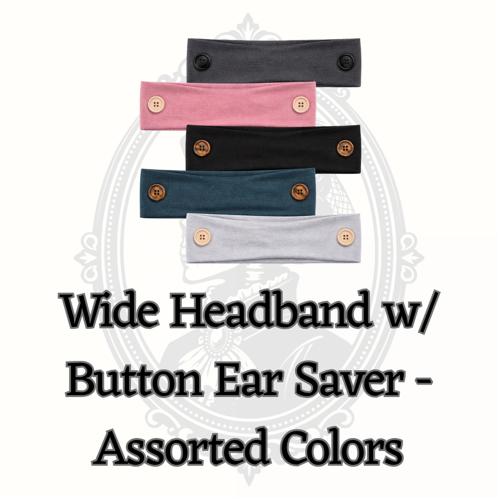 Wide soft stretch headband with button ear saver design in assorted colors, lightweight fabric headband for comfortable mask wear