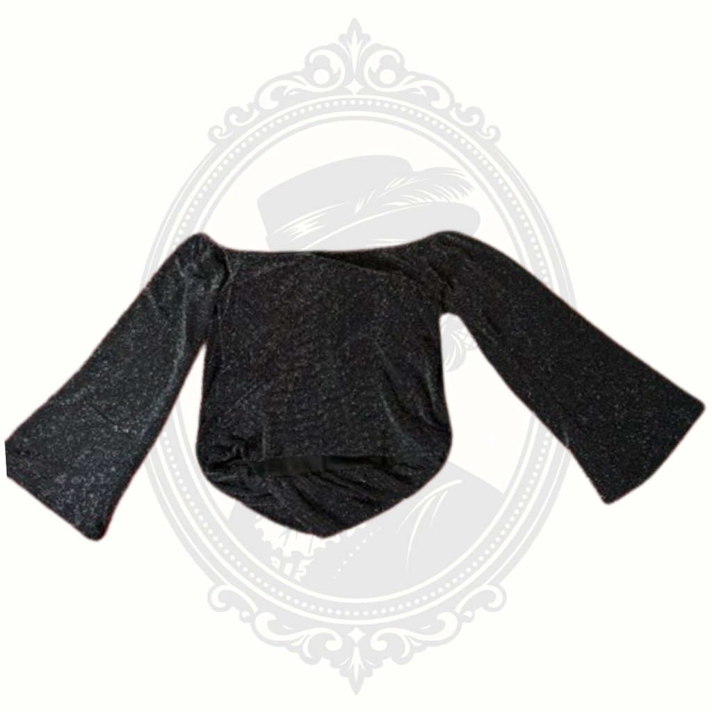 Willow + Root black shimmer blouse back view with stretch fit and draped fabric