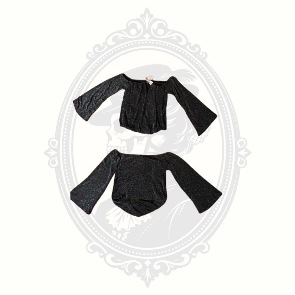 Willow + Root black shimmer off shoulder top front and back view with bell sleeves size large new with tags
