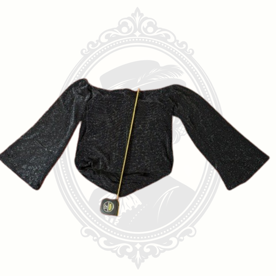 Black long-sleeve top on a white background with a decorative border