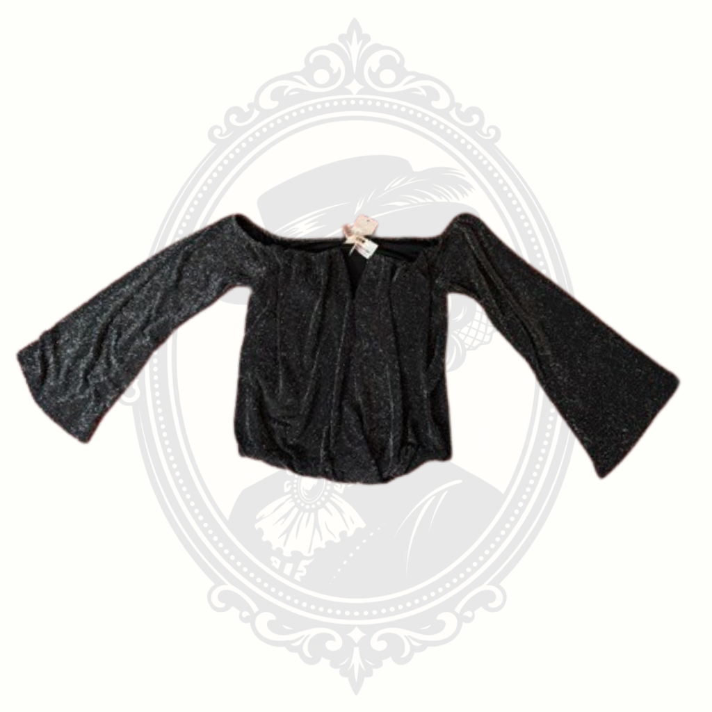 Willow + Root black shimmer off shoulder blouse full product image with bell sleeves